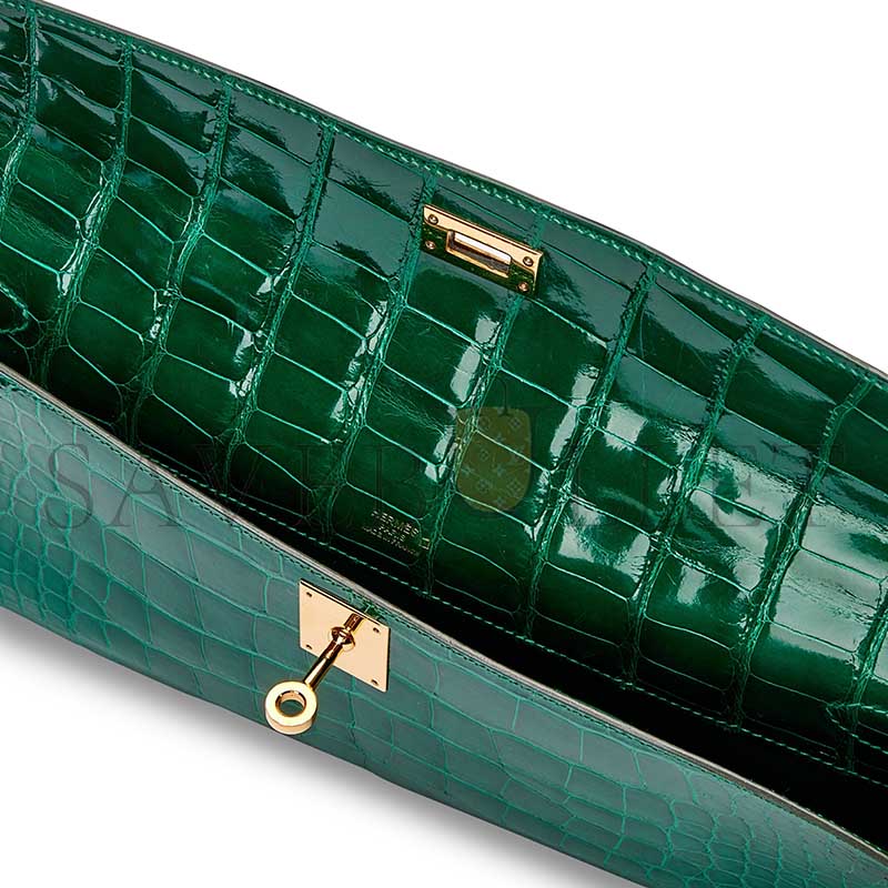 H**mes MASTER EMERALD SHINY ALLIGATOR KELLY CUT GOLD HARDWARE (31*13*2cm)